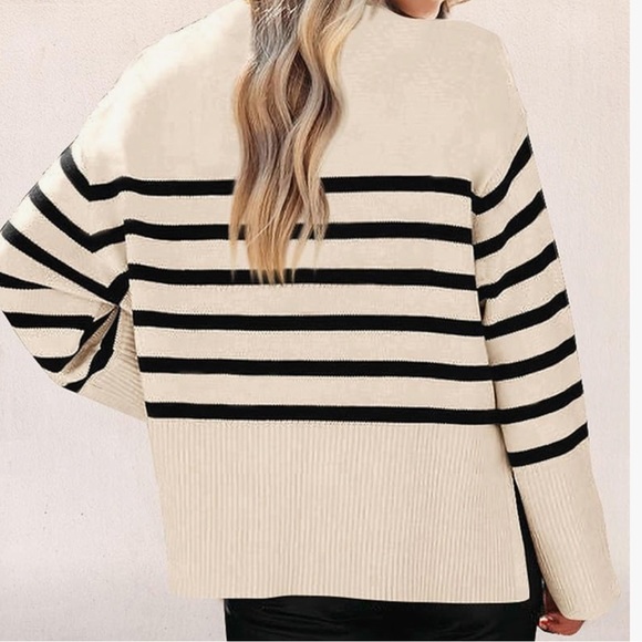 Women's Striped Knit Oversized Fall Crewneck Pullover Sweater Side Split - Picture 2 of 3
